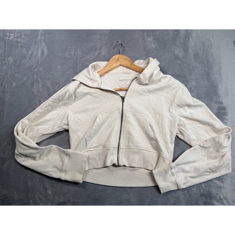 Aeropostale Cropped Hoodie Women's Medium White Cotton Fleece Rib Knit Full Zip